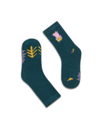 Green socks with colorful leaf patterns, suitable for children. Made of soft, comfortable material.