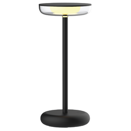 Black modern table lamp with round base, tall cylindrical stem, warm LED light, minimalist design