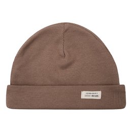  Warm, cozy brown beanie hat for kids, perfect for cold weather. Made of soft, ribbed material to keep little heads toasty.