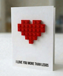  Red Lego brick heart-shaped love card with romantic text message, multilingual greeting card