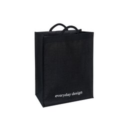 A black jute shopping bag with the text "everyday design" printed on it. The bag has two handles and a simple, minimalist design.