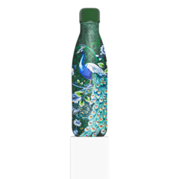  A tall, cylindrical green thermos bottle with a peacock design featuring vibrant green, blue, and white colors. The bottle has a sleek, modern appearance and is suitable for keeping beverages hot or cold.