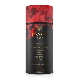 Red superfood powder in a cylindrical container with a red and black label. The powder contains ingredients like goji berries, orange slices, and other red superfood elements.