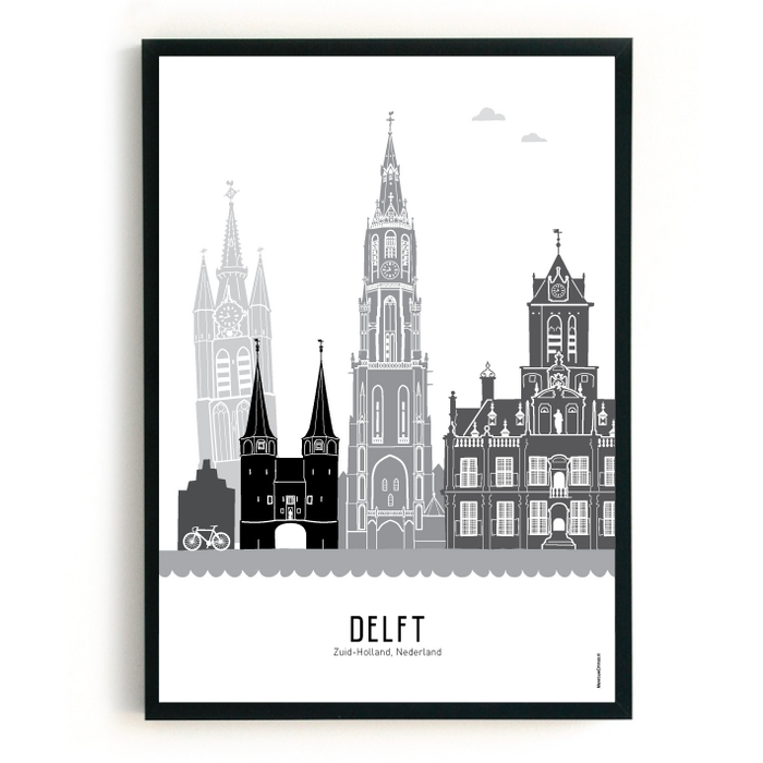 Poster skyline Delft zwart-wit-grijs