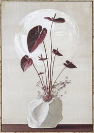  White ceramic vase with burgundy leaves and botanical stems, minimalist modern relief art decor