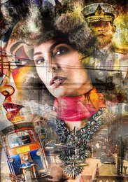 This vibrant, abstract painting features a woman's face surrounded by various artistic elements, including a crown, musical instruments, and colorful geometric shapes. The overall composition creates a visually striking and imaginative representation.