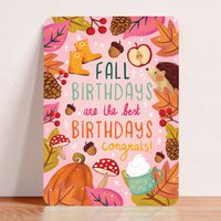 Card congratulation birthday autumn leaves hedgehog mushroom postcard