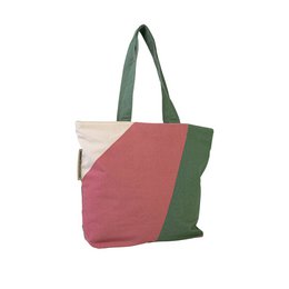  A large, durable shopping bag made from 100% organic cotton in a colorful pink and green design. The bag features a zippered compartment and sturdy handles for carrying.