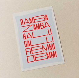 A postcard with a neon-style print featuring the text "RAMBAZAMBA HAL GALI REMMI DEMMI" in bold, red letters against a white background.