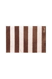 Brown striped bath mat with vertical lines, soft textured cotton material, modern minimalist design.