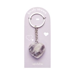  Lovely heart-shaped keychain made of natural lepidolite stone, with a silver-tone metal ring and chain.