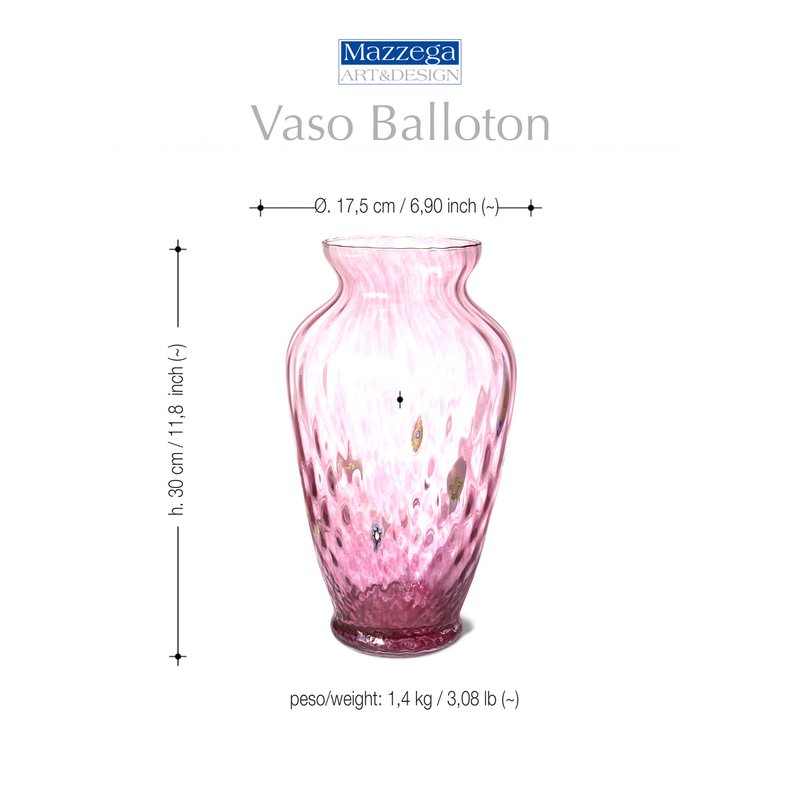 Vaso in Vetro Soffiato stile "CLASSIC" Lavorato a Mano con Murrine di Murano, linea “I Colori di Murano” h. 30 cm. Made in Italy
