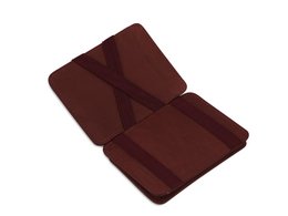 Burgundy leather wallet with RFID protection, featuring multiple card slots and compartments for cash and coins.