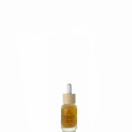 A 30 ml bottle of serum booster with a golden-colored liquid inside. The bottle has a white cap and is placed on a wooden surface against a white background.