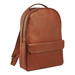 A brown leather backpack with a simple, minimalist design. The backpack features a spacious main compartment, adjustable shoulder straps, and a durable leather construction.