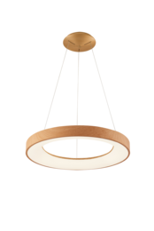 A modern, circular pendant light with a warm, wooden finish. The light features a sleek, minimalist design that would complement a variety of interior styles.