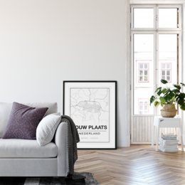 Poster featuring a map of Place name, with a size of 40x50 cm. The poster has a minimalist design with a black and white color scheme, suitable for home or office decor.