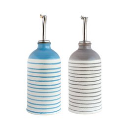  Ceramic stoneware oil vinegar dispenser bottle, striped pattern, blue gray, metal spout pourer