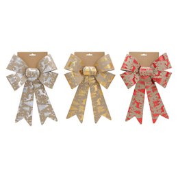  Decorative gift bow made of plastic material in beige, red, and gold colors. Measures 26 x 40 x 7 cm.