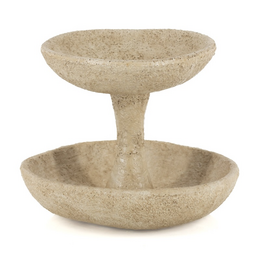 Two-tier cascade tray, round bowls, beige concrete stone material, pedestal base, decorative tiered display stand.