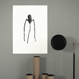 Minimalist black and white screen print of a tall, slender figure with a pinecone-like texture. Suitable for wall art in a modern or minimalist home decor.