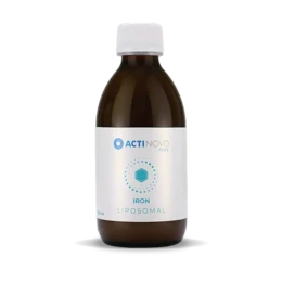 Liposomal Iron PURE is a dietary supplement that provides iron in a liposomal form for enhanced absorption. The product is packaged in a brown glass bottle with a white cap.
