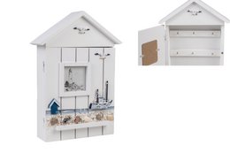  Wooden house-shaped key holder, 20x7x31cm in size, with storage compartments and hooks for organizing keys and small items.