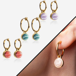 Gold clip hoop earrings with a variety of colored stone options, including apricot, azurblau, graphitgrau, and more. The earrings feature a mix and match design for customizable looks.