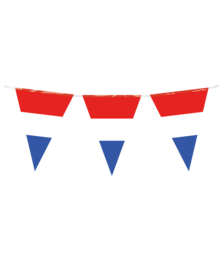 Red, white, and blue triangular flags in a party bunting design.