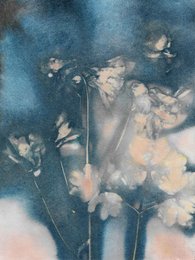 Delicate floral wall art featuring soft peach and blue tones, with abstract, ethereal blooms against a moody, textured background.
