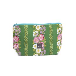 A medium-sized pouch with a floral and tropical pattern, featuring a variety of colorful flowers, leaves, and a toucan bird. The pouch has a green and gold striped background, making it a stylish and versatile accessory for toiletries or other small items.