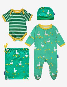 Bio-Baumwoll Baby Geschenkset mit Strampler, Mütze und Body mit Enten-Druck