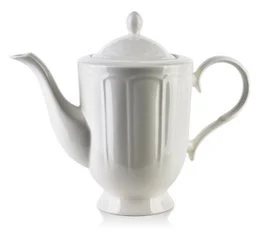 A white ceramic teapot with a lid and handle. The teapot has a simple, elegant design with vertical ridges along the body.