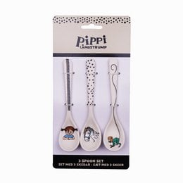 A set of 3 melamine spoons featuring a polka dot pattern and cartoon character designs, suitable for children's use.