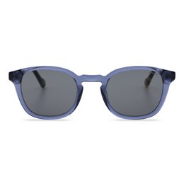 Blue-framed sunglasses with a rounded, retro-inspired shape and dark gray lenses.
