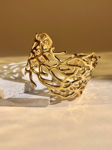 Opened golden cuff bracelet - Chic coral design, stainless steel