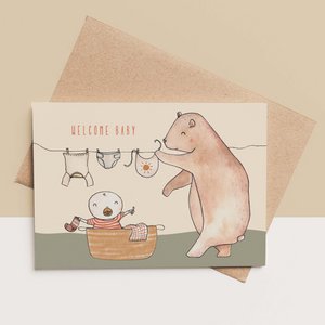 card + envelope - Bear with baby laundry basket