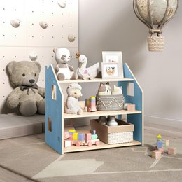  A delicate blue and pink toy shelf for kids' bookcases, featuring a variety of storage options and decorative elements.