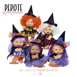  A group of Halloween-themed dolls, including a witch doll wearing a purple dress and hat, and two other dolls in orange and black costumes.