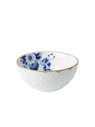 A round, shallow ceramic bowl with a blue floral pattern. The bowl appears to be made of white ceramic material with a decorative blue and white floral design.