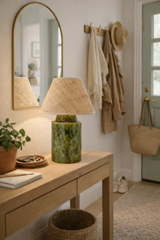 Pistachio/Green handglazed round bedside ceramic lamp with raffia/rattan fabric shade