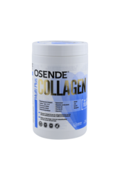 "White cylindrical collagen supplement container, blue and yellow text, daily food supplement powder"