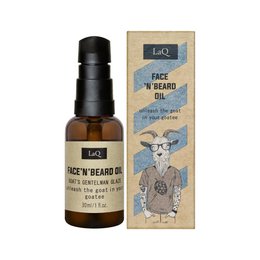  Face 'n' Beard Oil, a 30ml beard care product from the Hoppy Goat brand, featuring a brown glass bottle with a black cap and a stylized illustration of a man with glasses on the packaging.