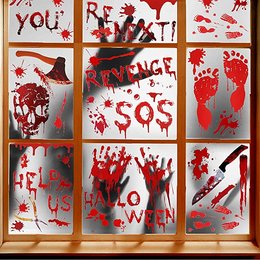 Spooky Halloween stickers with bloody handprints, dripping blood, and horror-themed designs. Ideal for decorating windows, walls, or other surfaces for a haunting Halloween atmosphere.