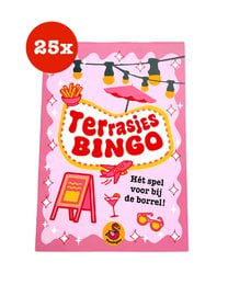 Terrasjes Bingo is a colorful and festive bingo game with a pink and white design. It features a bingo card and various bingo accessories like markers and a bingo cage.