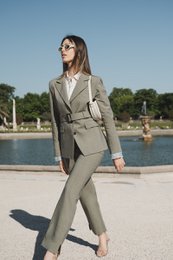  Sage green wool blazer with light blue lining and belt, available in sizes 40, 42, and 44.