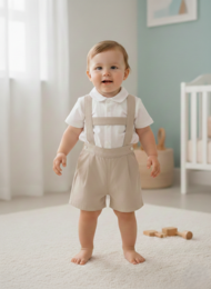 Beige baby shorts with suspenders and Versailles trim, available in sizes 6-9 months, 12-18 months, and 2-3 years.