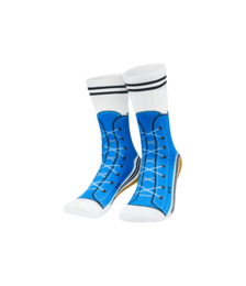  Blue socks with white grid pattern, striped cuff, sneaker-themed design, casual novelty socks