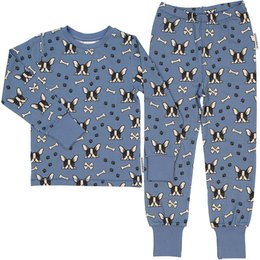  Cozy blue pajamas with a fun all-over print of Boston Terrier dogs. The set includes a long-sleeved top and matching pants, perfect for comfortable lounging. The pajamas are made from soft, breathable cotton material.