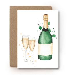 Champagne bottle and two champagne glasses, with a festive green and gold color scheme.